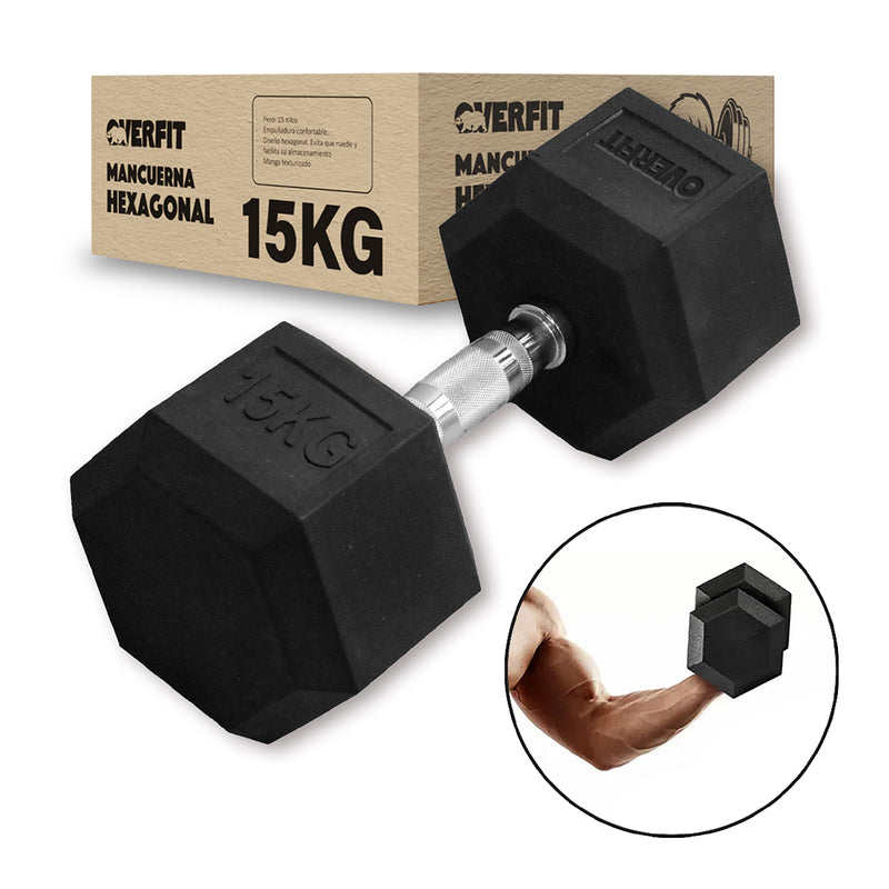 Mancuerna Hexagonal 15Kg  Acero Y Caucho Overfit Fitness