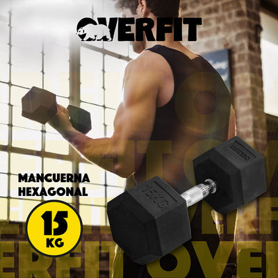 Mancuerna Hexagonal 15Kg  Acero Y Caucho Overfit Fitness