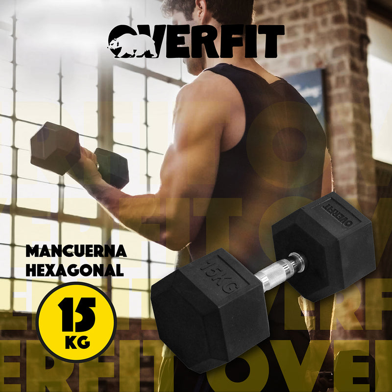 Mancuerna Hexagonal 15Kg  Acero Y Caucho Overfit Fitness
