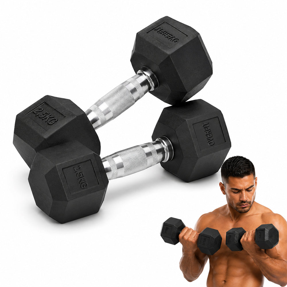 Mancuernas hexagonales Overfit 2.5 kg caucho acero pack 2 negro