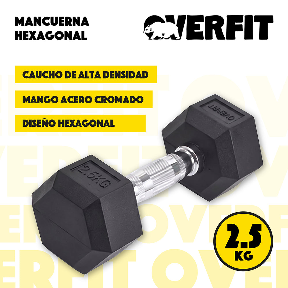 Mancuernas hexagonales Overfit 2.5 kg caucho acero pack 2 negro