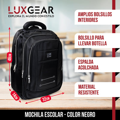 Mochila Escolar Notebook Niños Infantil Luxgear Bolso 40L Bolso Espacioso Adolescente 2 En 1 Negra Tamaño 46x32x14 cm
