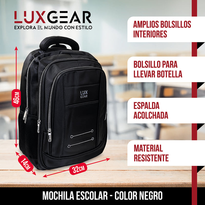 Mochila Escolar Notebook Niños Infantil Luxgear Bolso 40L Bolso Espacioso Adolescente 2 En 1 Negra Tamaño 46x32x14 cm