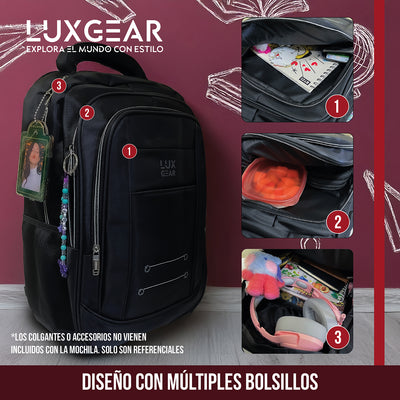 Mochila Escolar Notebook Niños Infantil Luxgear Bolso 40L Bolso Espacioso Adolescente 2 En 1 Negra Tamaño 46x32x14 cm