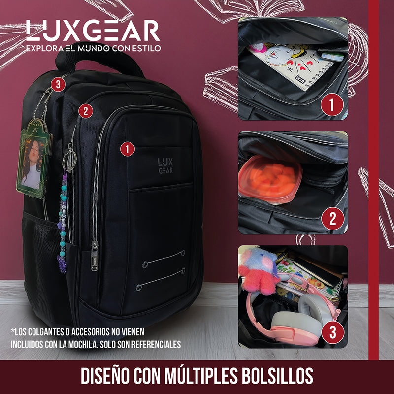 Mochila Escolar Notebook Niños Infantil Luxgear Bolso 40L Bolso Espacioso Adolescente 2 En 1 Negra Tamaño 46x32x14 cm