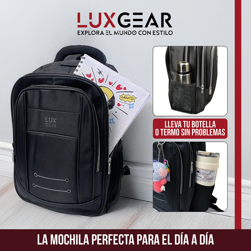 Mochila Escolar Notebook Niños Infantil Luxgear Bolso 40L Bolso Espacioso Adolescente 2 En 1 Negra Tamaño 46x32x14 cm