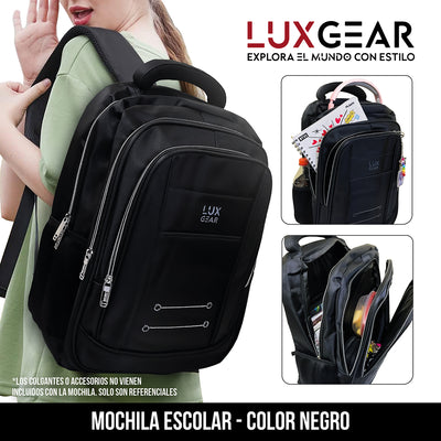 Mochila Escolar Notebook Niños Infantil Luxgear Bolso 40L Bolso Espacioso Adolescente 2 En 1 Negra Tamaño 46x32x14 cm