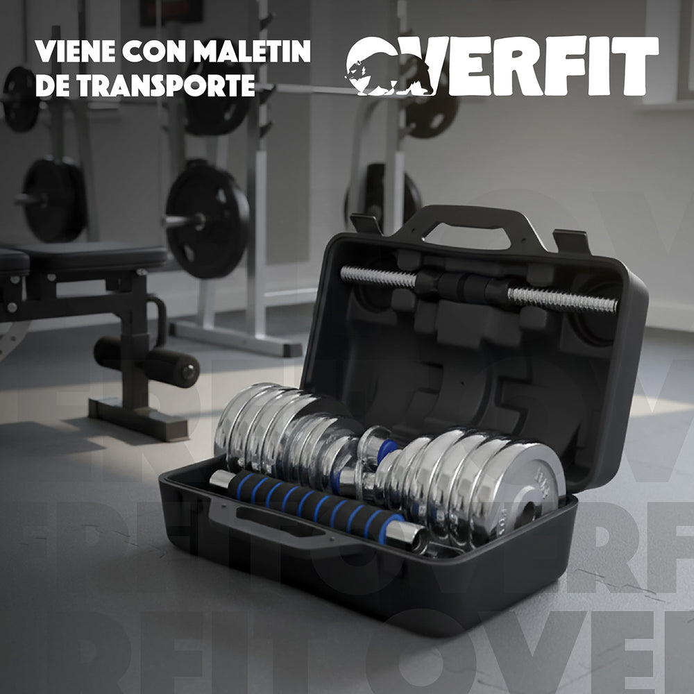 Mancuernas Cromadas 30kg Ajustables + Barra Unibles Overfit