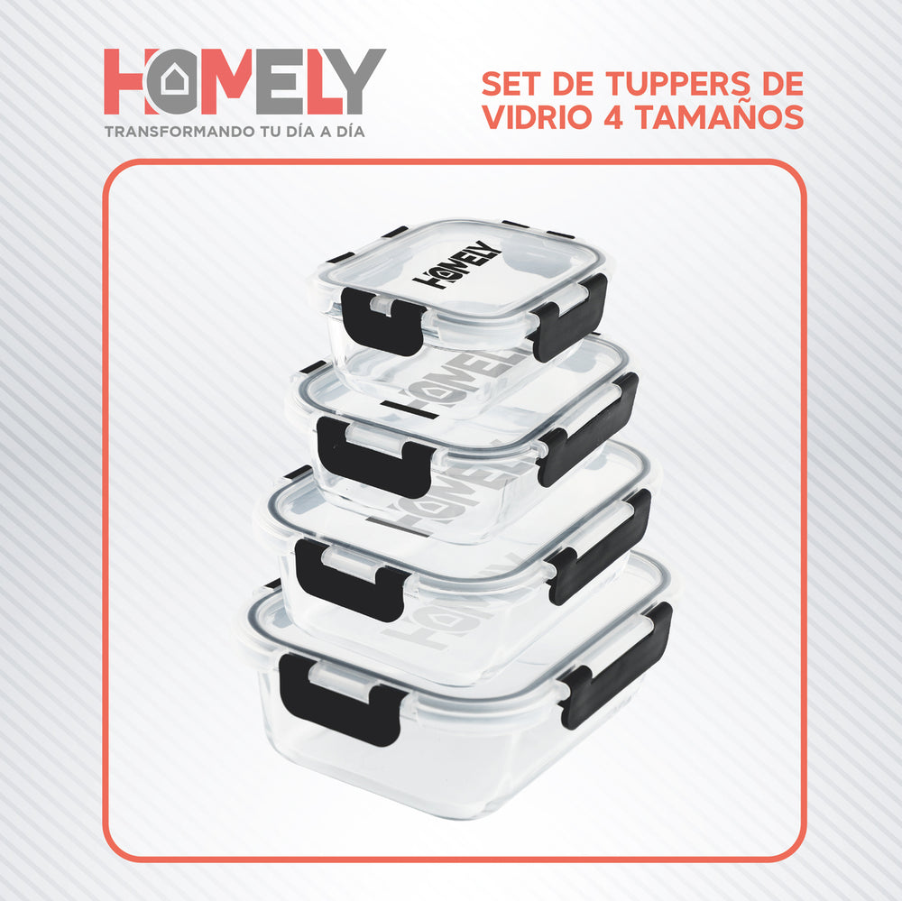 Tupper Hermetico Comida Homely Vidrio Templado Set x4 3.57 L
