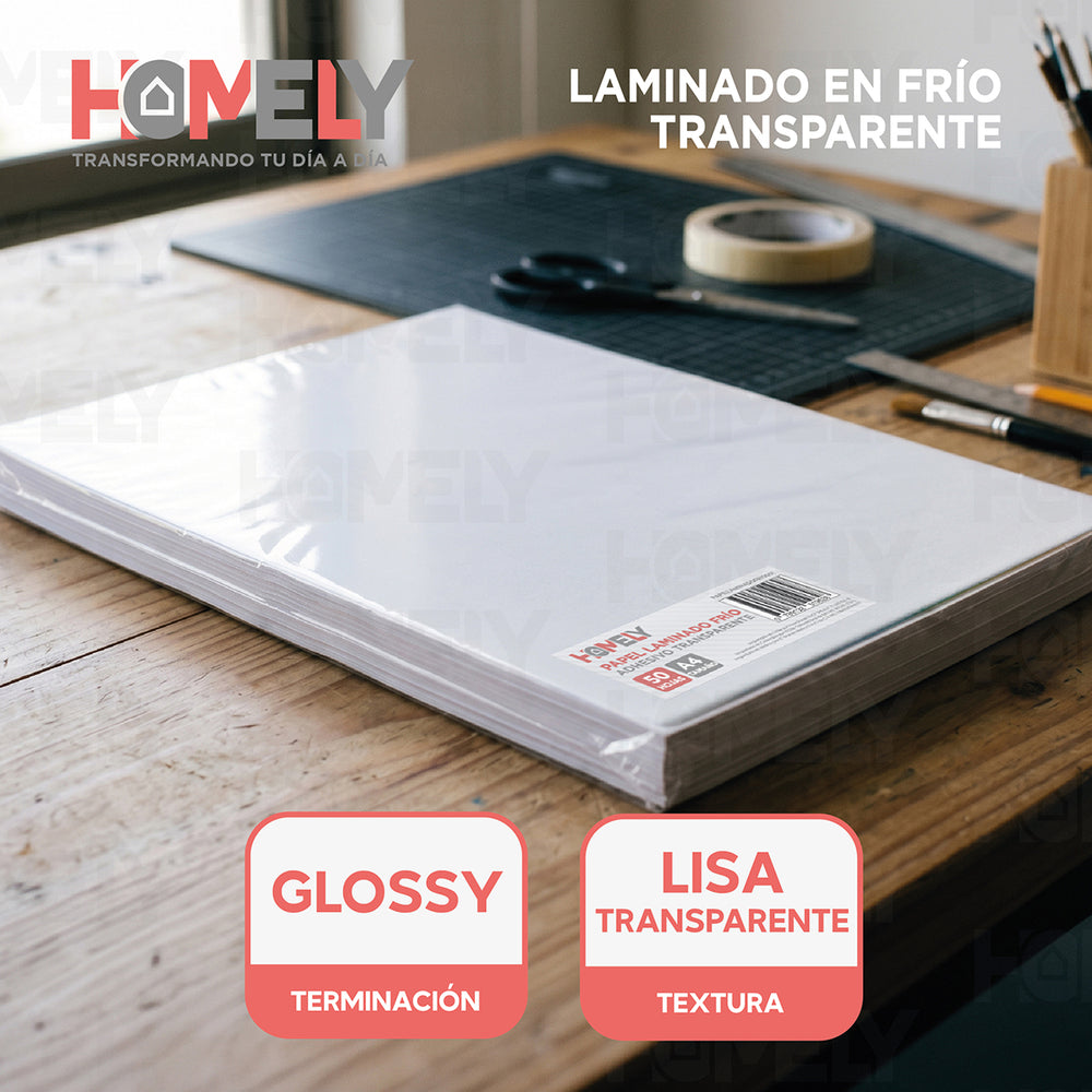 Papel Laminado Frio Adhesivo Transparente A4 Homely 50 Hojas