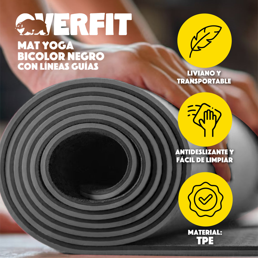 Mat Yoga TPE Overfit 183x61cm 8mm Bicolor Negro Lineas