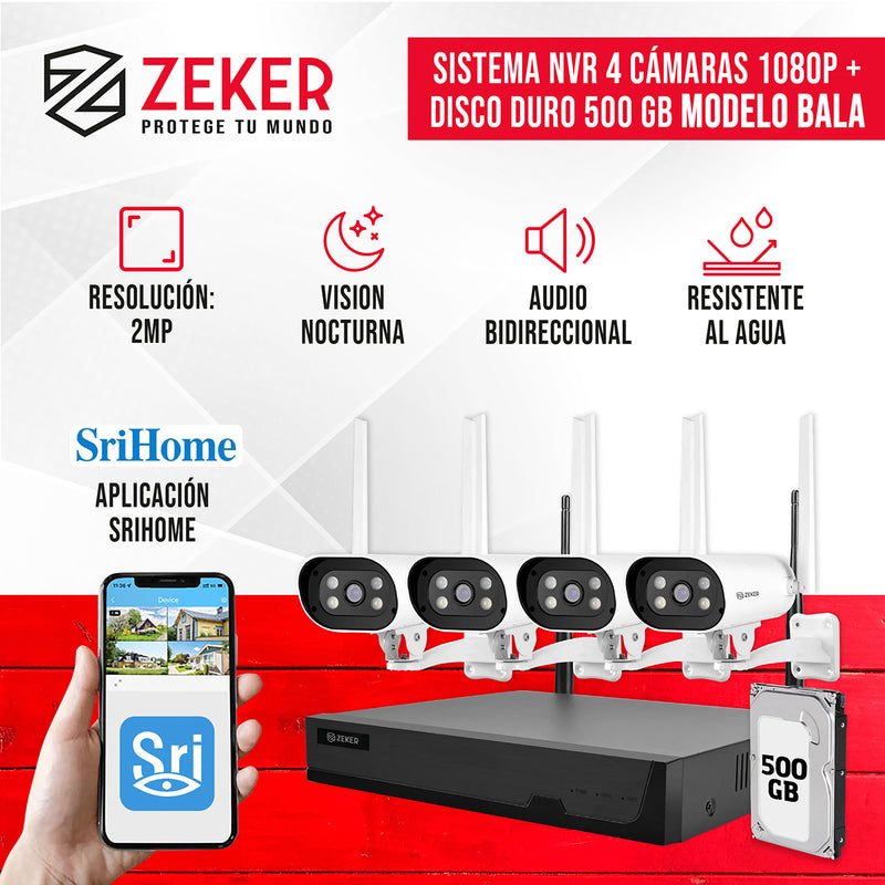 Kit Nvr Camaras Zeker Seguridad 1080p FHD + Disco Duro 500gb