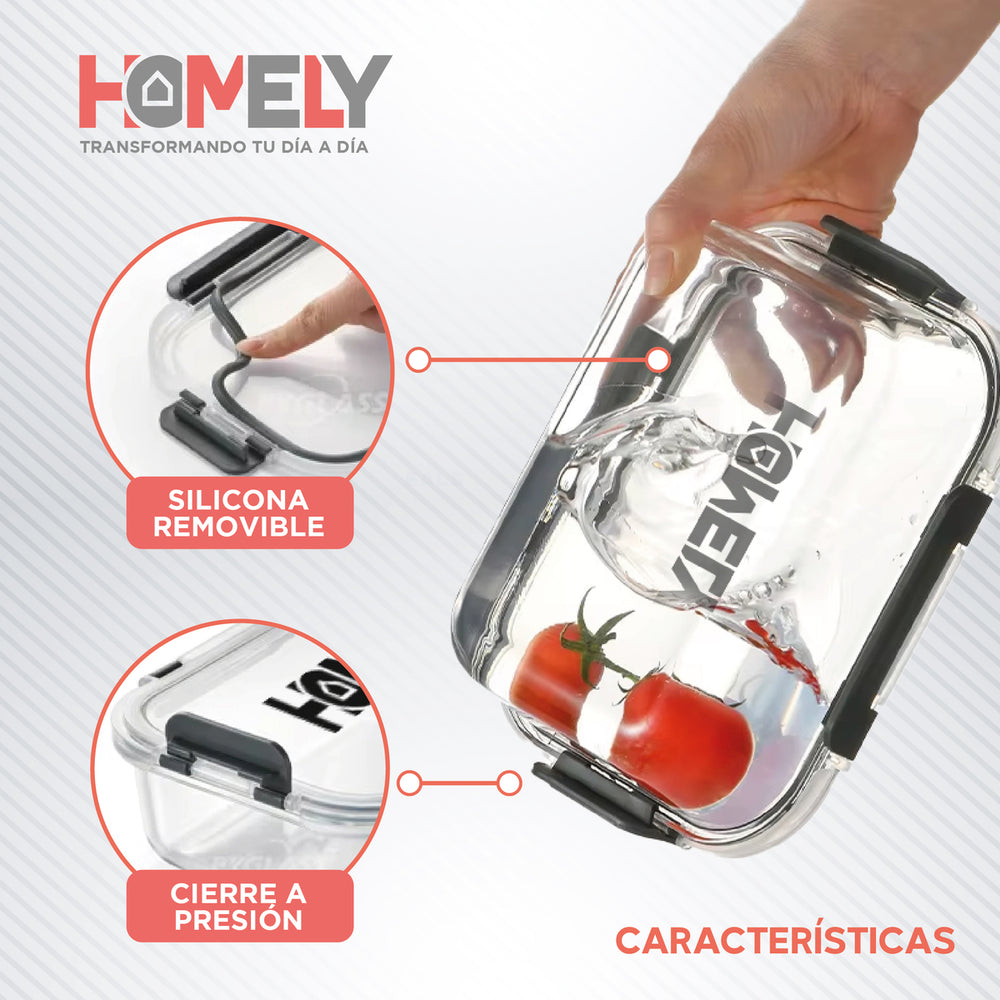 Tupper Hermetico Comida Homely Vidrio Templado Set x4 3.57 L