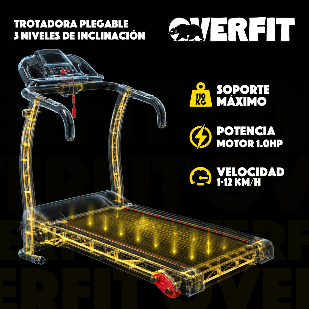Trotadora 1 Hp Overfit Plegable 12Km 3 niveles Inclinacion