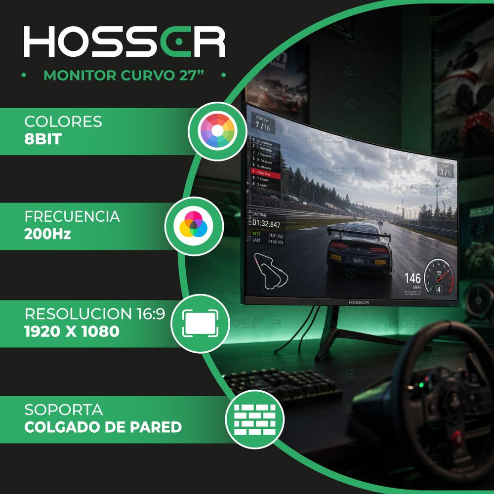 Monitor Gamer curvo 27 pulgadas 200 Hz 1ms Hosser