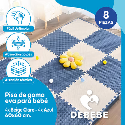 Piso De Goma Eva Bebé Alfombra Debebe 10mm 60x60cm Set x8 Azul y Blanco