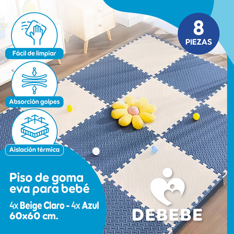 Piso De Goma Eva Bebé Alfombra Debebe 10mm 60x60cm Set x8 Azul y Blanco