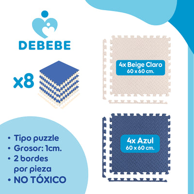 Piso De Goma Eva Bebé Alfombra Debebe 10mm 60x60cm Set x8 Azul y Blanco