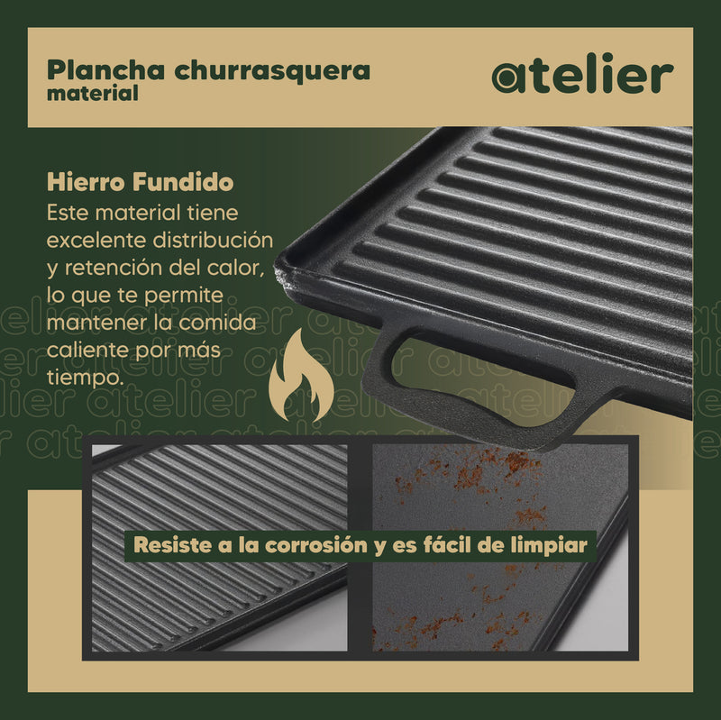 Plancha Churrasquera Hierro Fundido Atelier Cocina 2 en 1