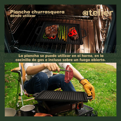 Plancha Churrasquera Hierro Fundido Atelier Cocina 2 en 1