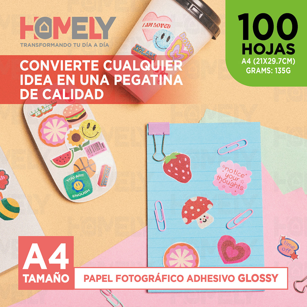 Papel Fotografico Glossy Adhesivo A4 135 Grs Homely 100 Hoja