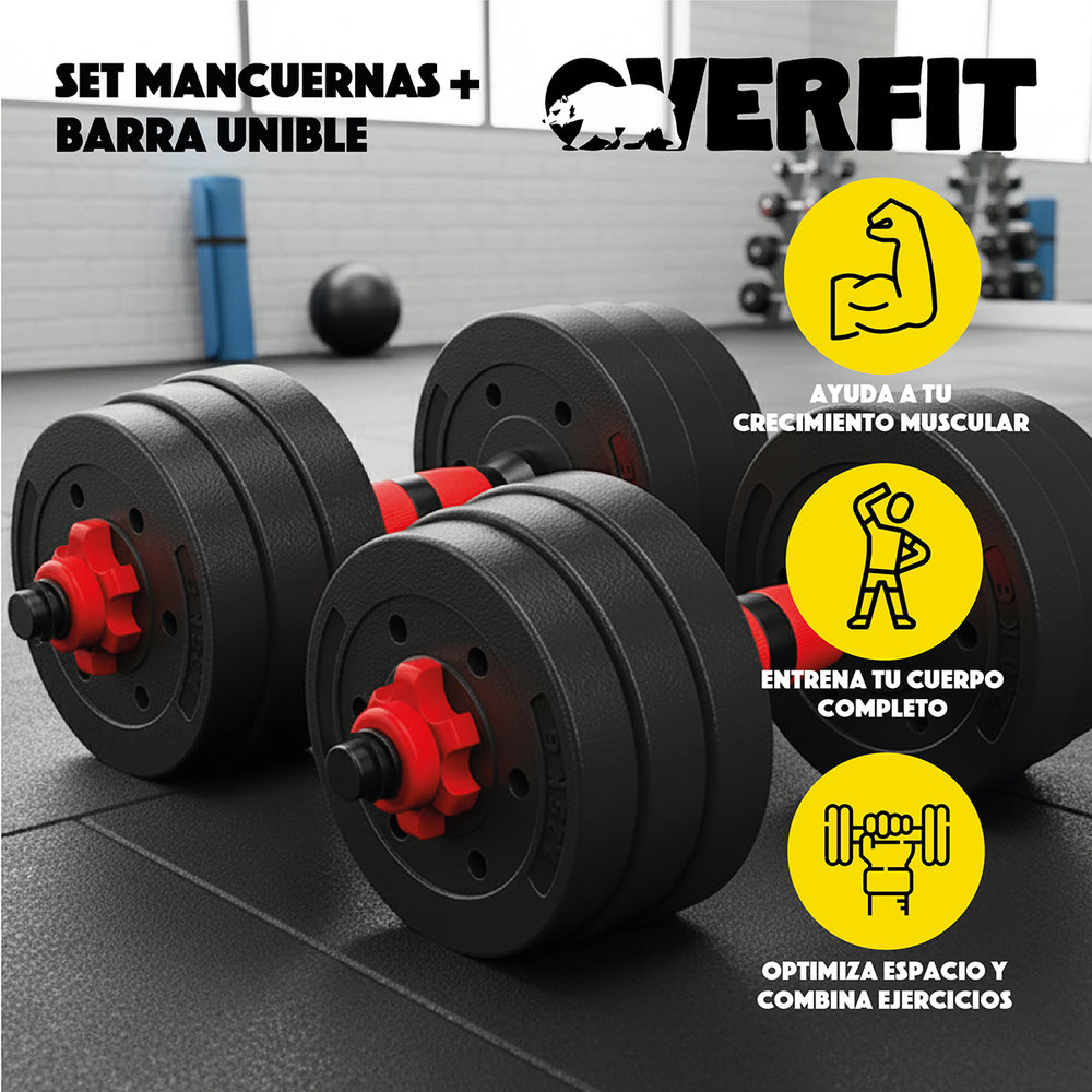 Set Mancuernas Y Barra Unibles 20kg Fitness Pesas Ajustables