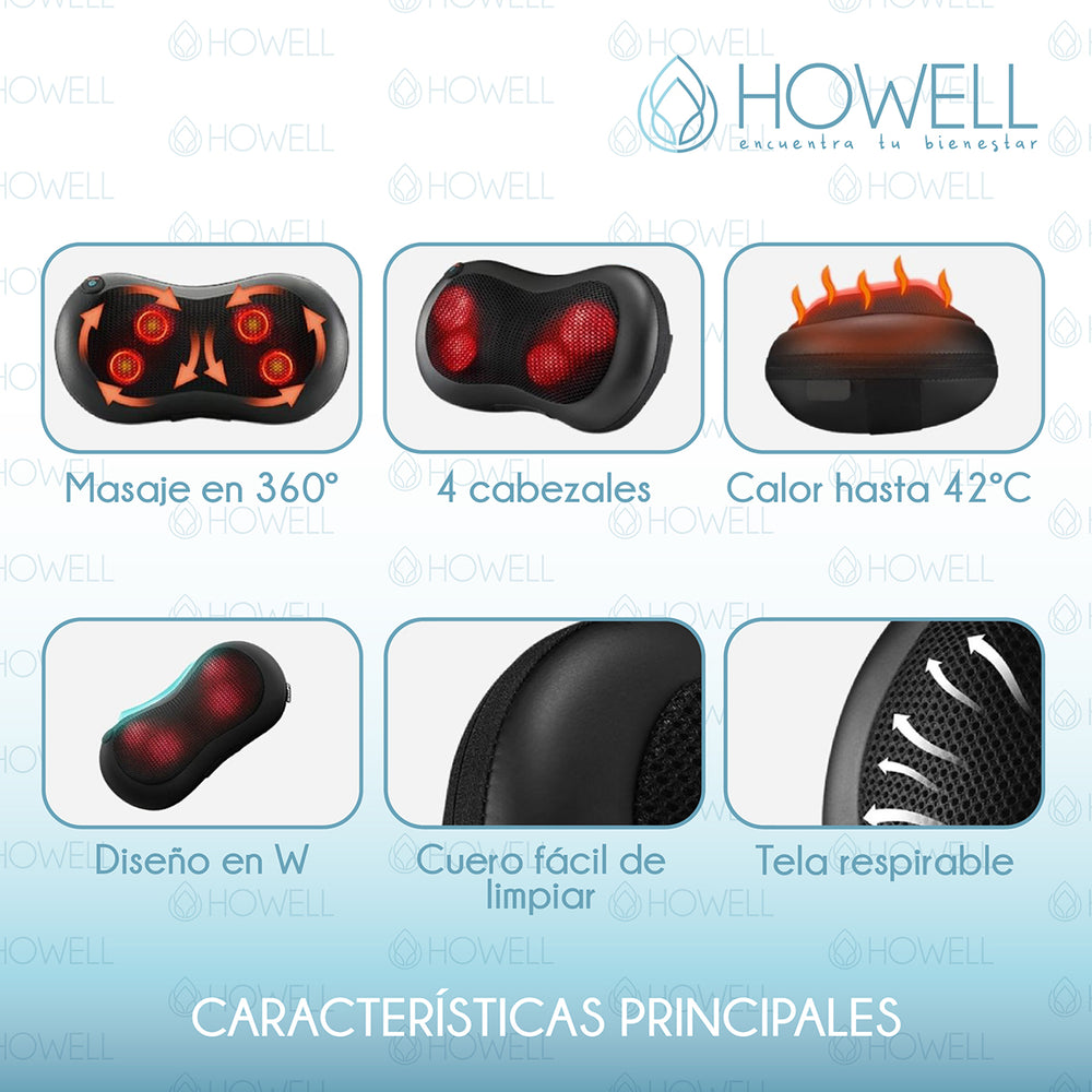 Cojín Masajeador Inalámbrico Howell Almohada Masaje Calor