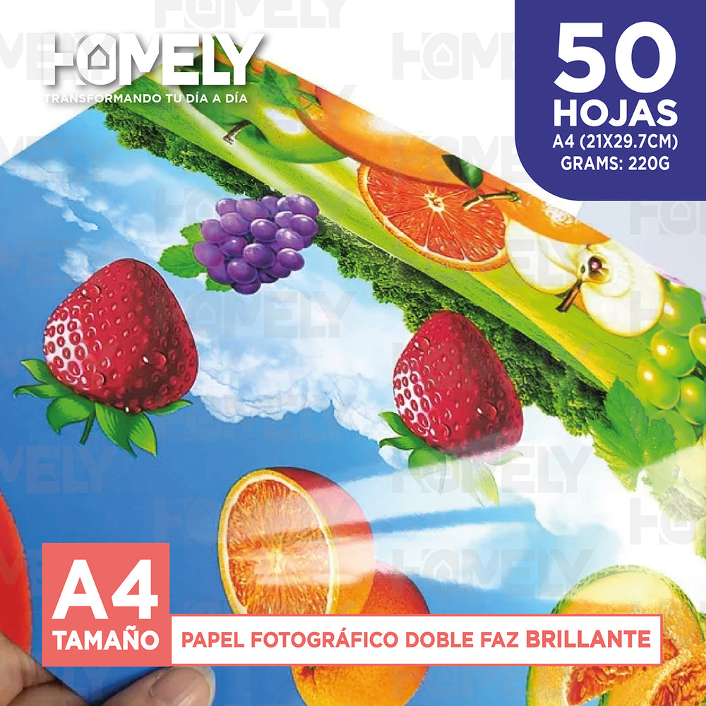 Papel Fotografico Doble Faz Brillante A4 220Gr Homely 50hjs