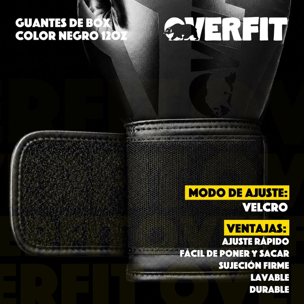 Guantes De Box Overfit Negros Con Velcro 12 Oz Color Negro