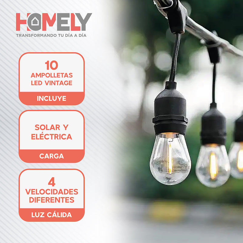 Pack X2 Guirnalda Solar Exterior Homely Luces Terraza Vintage 10 Metros + 10 Ampolletas Impermeables E27