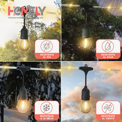 Pack X2 Guirnalda Solar Exterior Homely Luces Terraza Vintage 10 Metros + 10 Ampolletas Impermeables E27