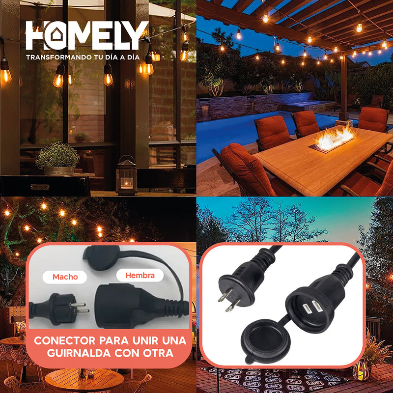 Pack X2 Guirnalda Solar Exterior Homely Luces Terraza Vintage 10 Metros + 10 Ampolletas Impermeables E27