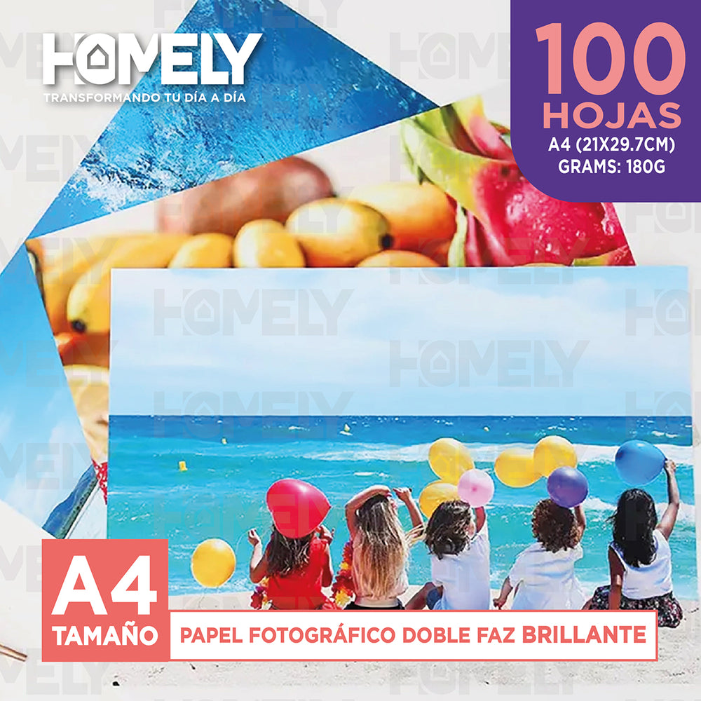 Papel Fotografico Doble Faz Glossy A4 180g Homely 100 Hojas Blanco