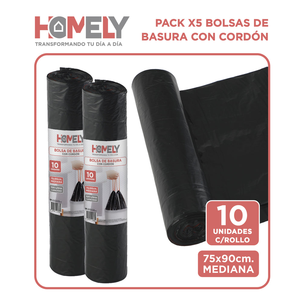 Bolsas Basura 75x90cm Con Cordon 50U Homely 100L Resistente