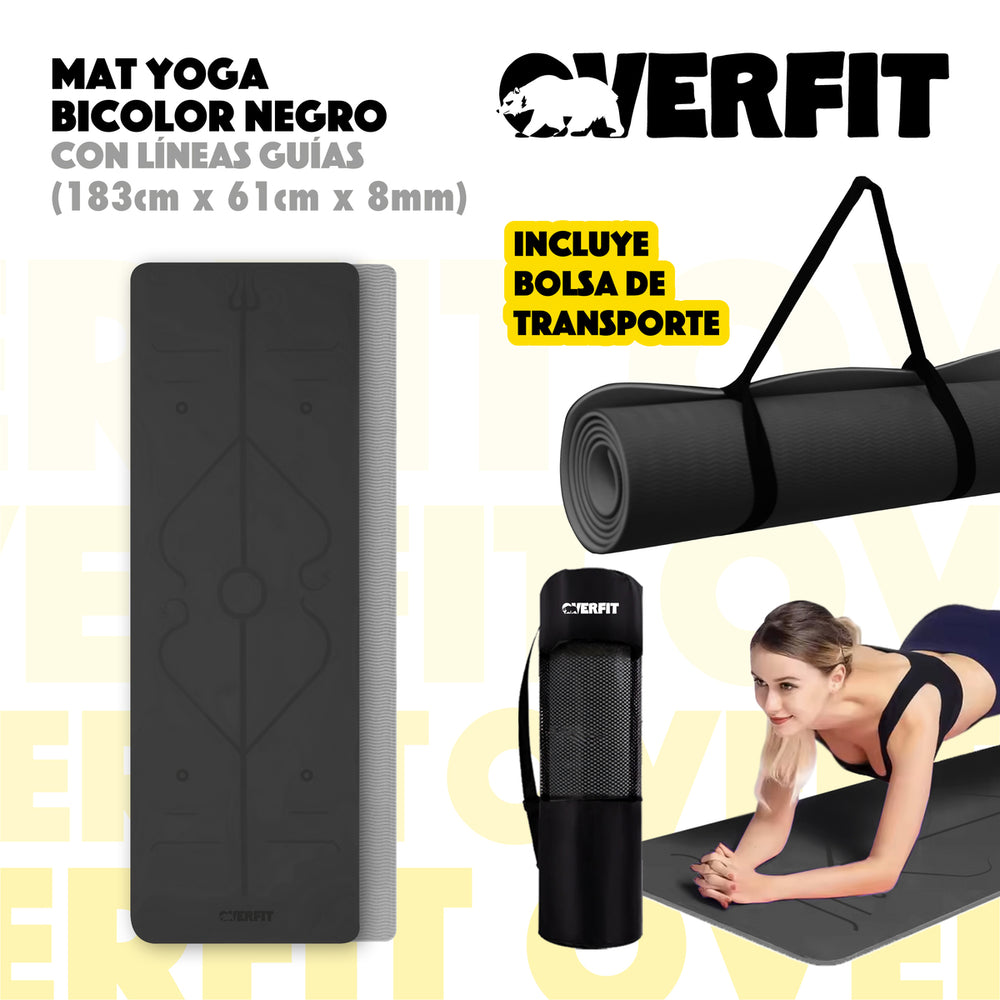 Mat Yoga TPE Overfit 183x61cm 8mm Bicolor Negro Lineas