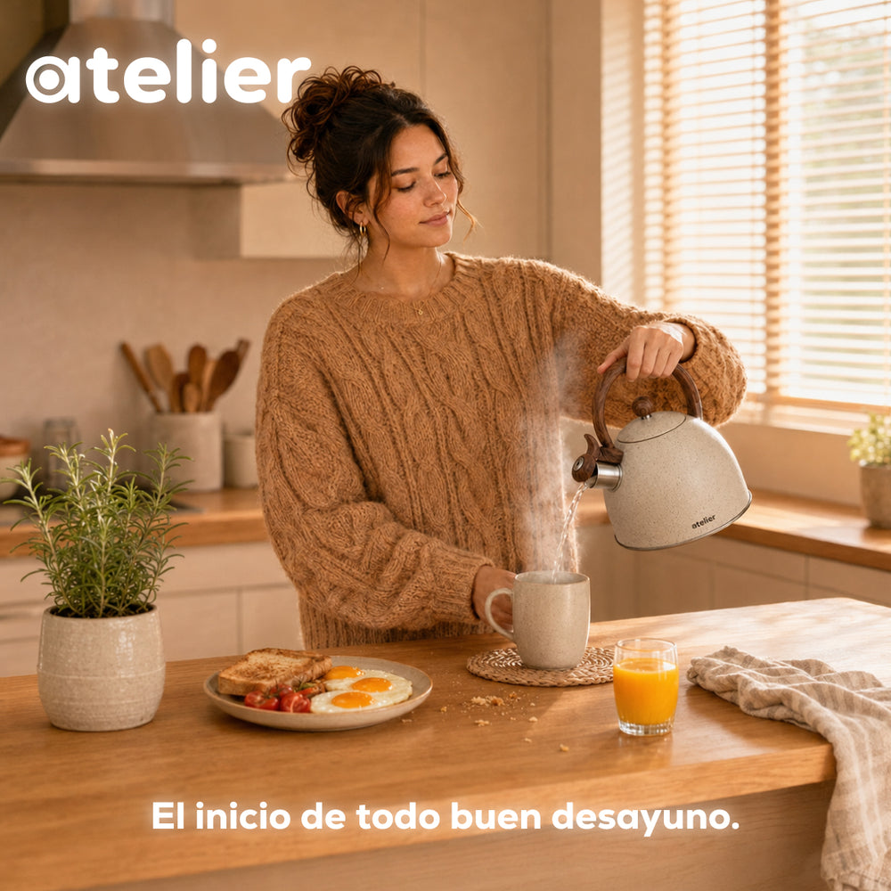 Tetera Atelier granito - lifestyle desayuno