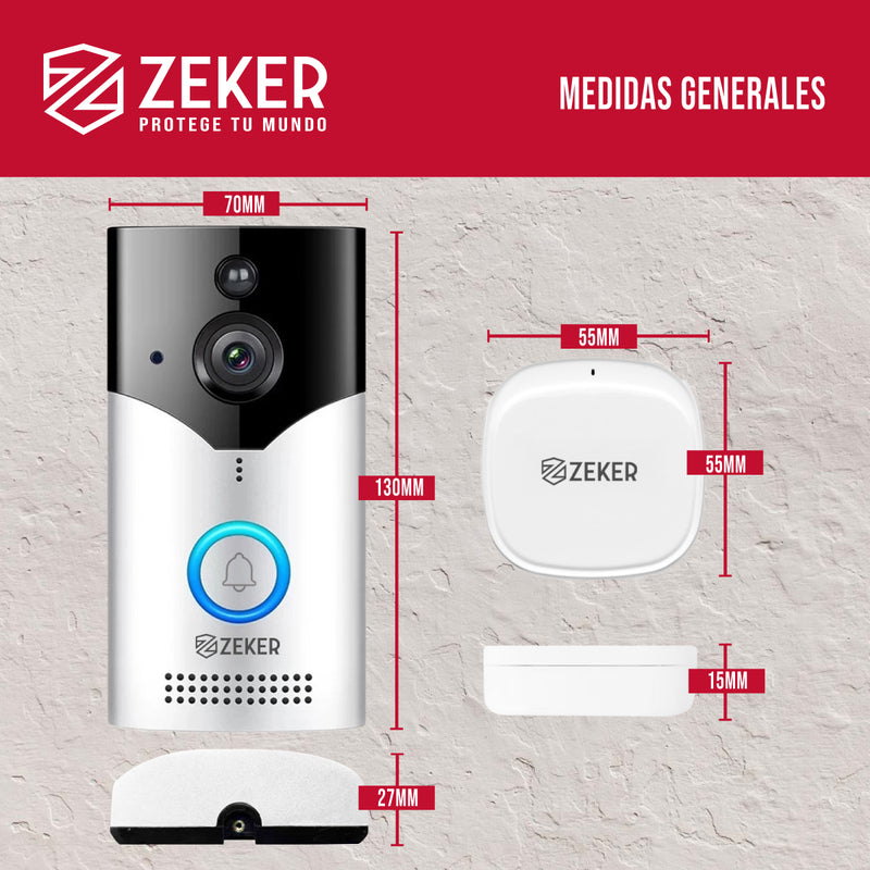Timbre Inalambrico De Seguridad Inteligente Zeker Audio Bidireccional Distancia 15 Metros Con Camara 4mp HD 2.4 Ghz Usb Bateria