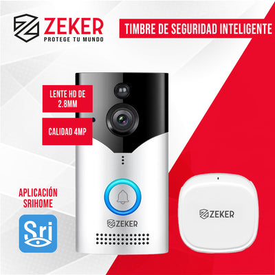 Timbre Inalambrico De Seguridad Inteligente Zeker Audio Bidireccional Distancia 15 Metros Con Camara 4mp HD 2.4 Ghz Usb Bateria