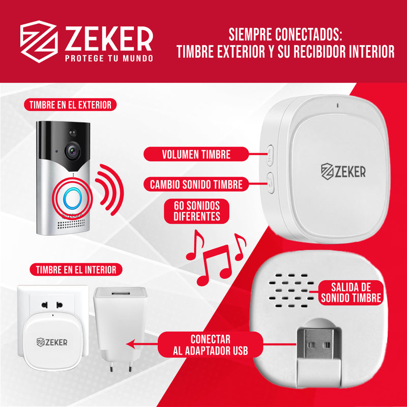 Timbre Inalambrico De Seguridad Inteligente Zeker Audio Bidireccional Distancia 15 Metros Con Camara 4mp HD 2.4 Ghz Usb Bateria