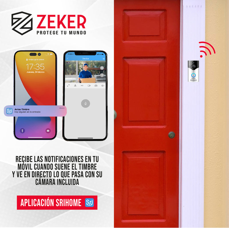 Timbre Inalambrico De Seguridad Inteligente Zeker Audio Bidireccional Distancia 15 Metros Con Camara 4mp HD 2.4 Ghz Usb Bateria