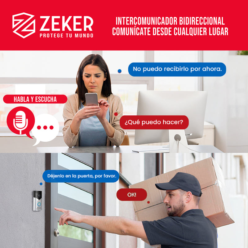 Timbre Inalambrico De Seguridad Inteligente Zeker Audio Bidireccional Distancia 15 Metros Con Camara 4mp HD 2.4 Ghz Usb Bateria