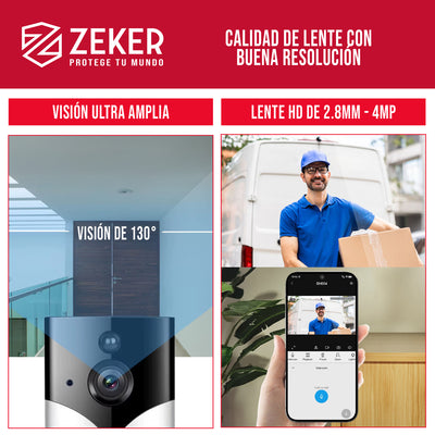 Timbre Inalambrico De Seguridad Inteligente Zeker Audio Bidireccional Distancia 15 Metros Con Camara 4mp HD 2.4 Ghz Usb Bateria