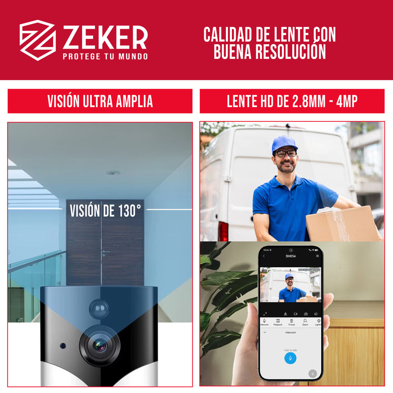 Timbre Inalambrico De Seguridad Inteligente Zeker Audio Bidireccional Distancia 15 Metros Con Camara 4mp HD 2.4 Ghz Usb Bateria