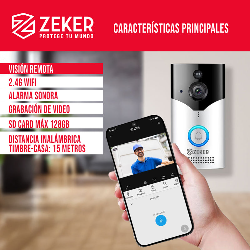 Timbre Inalambrico De Seguridad Inteligente Zeker Audio Bidireccional Distancia 15 Metros Con Camara 4mp HD 2.4 Ghz Usb Bateria