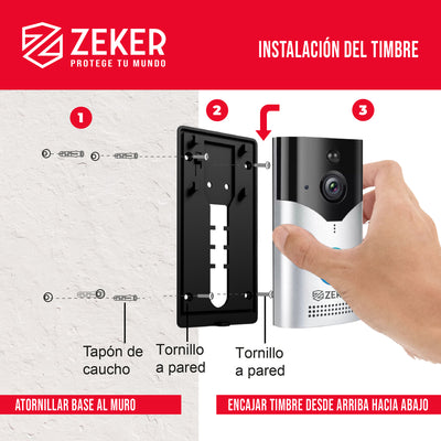 Timbre Inalambrico De Seguridad Inteligente Zeker Audio Bidireccional Distancia 15 Metros Con Camara 4mp HD 2.4 Ghz Usb Bateria