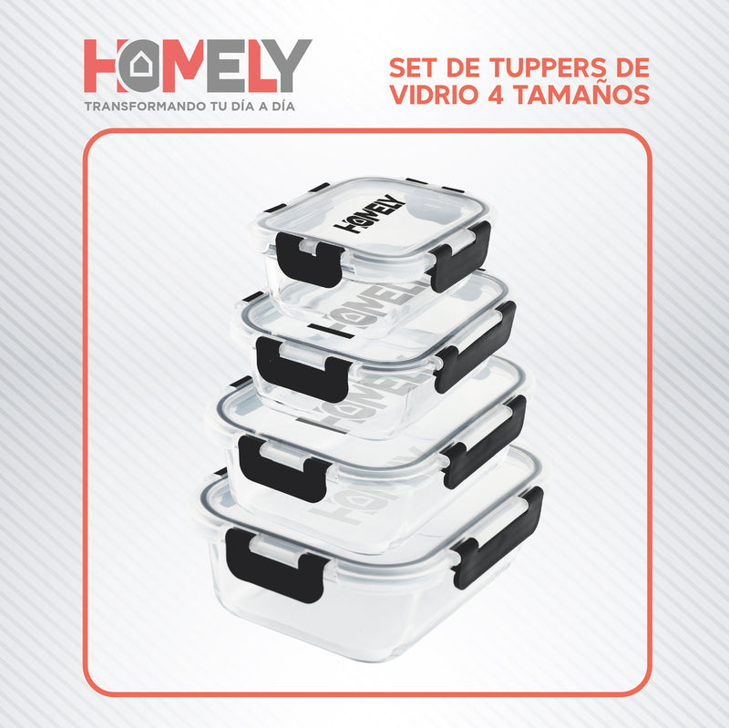 Tupper Hermetico Comida Homely Frasco Vidrio Templado Resistente Set x4 3.57 Litros Taper Tamaños Variados