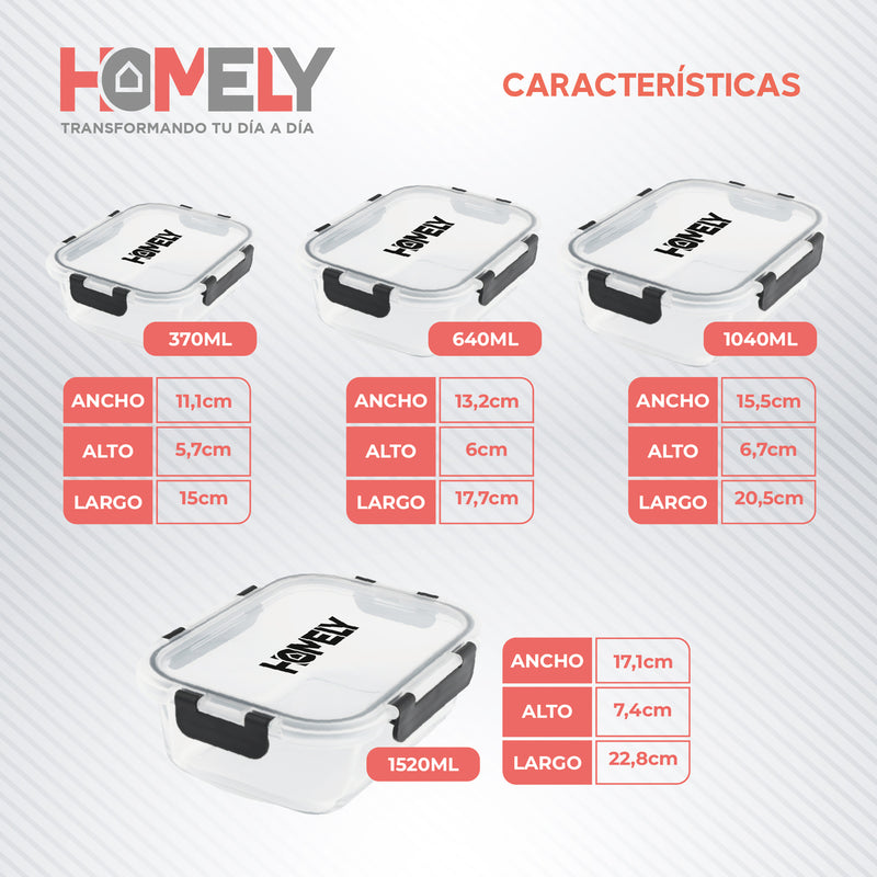 Tupper Hermetico Comida Homely Frasco Vidrio Templado Resistente Set x4 3.57 Litros Taper Tamaños Variados