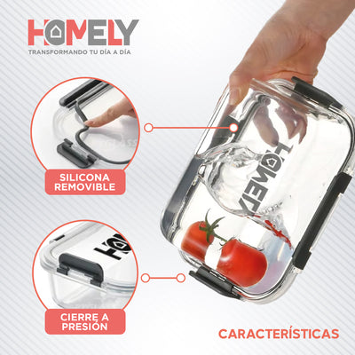 Tupper Hermetico Comida Homely Frasco Vidrio Templado Resistente Set x4 3.57 Litros Taper Tamaños Variados
