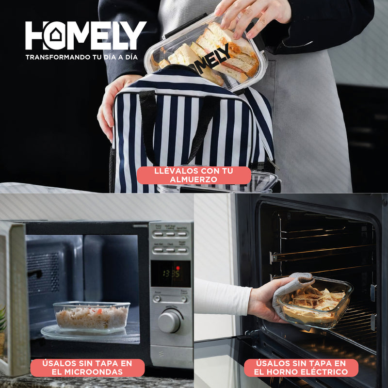 Tupper Hermetico Comida Homely Frasco Vidrio Templado Resistente Set x4 3.57 Litros Taper Tamaños Variados