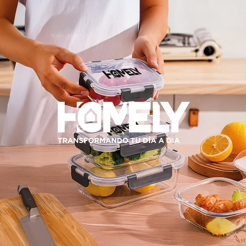Tupper Hermetico Comida Homely Frasco Vidrio Templado Resistente Set x4 3.57 Litros Taper Tamaños Variados